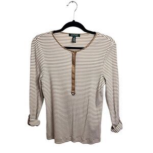𝅺LAUREN Ralph Lauren Henley Tab Sleeves Gold White Striped Top Pullover Sz L